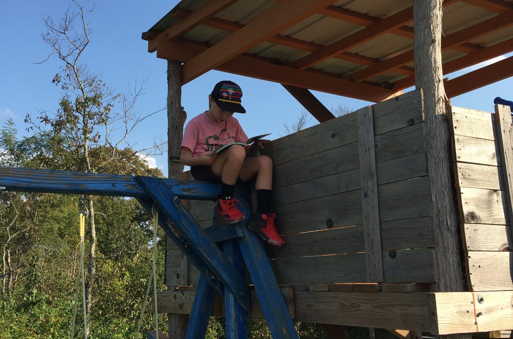 Boy in pink shirt and black striped hat reading a book while perched atop his swingset